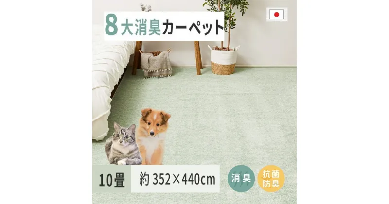 【ふるさと納税】ペットにやさしい 8大消臭・抗菌 カーペット 1枚 10帖 グリーン 約352×440cm 600094890｜抗菌加工 消臭 防臭 パイル地 ホットカーペット インテリア 天然素材 動物 猫 犬 [3465]