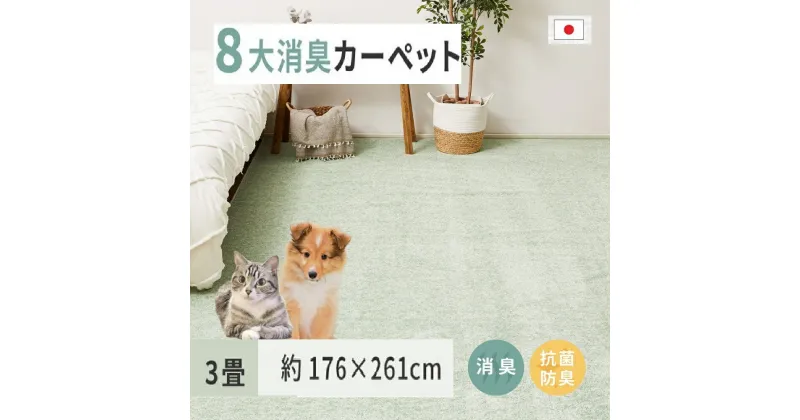 【ふるさと納税】ペットにやさしい 8大消臭・抗菌 カーペット 1枚 3帖 グリーン 約176×261cm 600094830｜抗菌加工 消臭 防臭 パイル地 ホットカーペット インテリア 天然素材 動物 猫 犬 [3481]