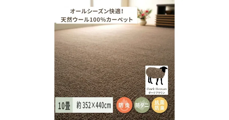 【ふるさと納税】天然ウール100%の 防炎 カーペット 1枚 10帖 ダークブラウン 約352×440cm 600023790｜防炎 防ダニ 抗菌加工 防音 オールシーズン ウールカーペット インテリア 天然素材 [3525]