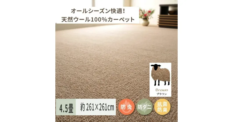 【ふるさと納税】天然ウール100%の 防炎 カーペット 1枚 4.5帖 ブラウン 約261×261cm 600023645｜防炎 防ダニ 抗菌加工 防音 オールシーズン ウールカーペット インテリア 天然素材 [3536]