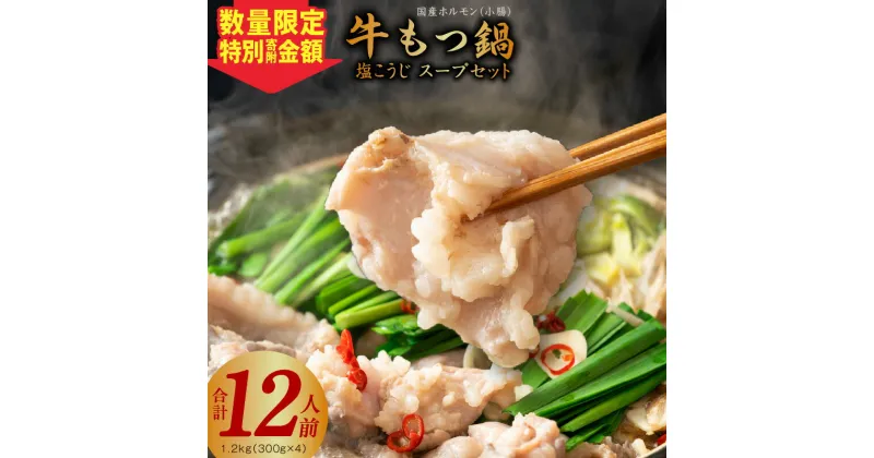 【ふるさと納税】牛もつ鍋 約12人前 国産 ホルモン 小腸 1.2kg（300g×4） 塩こうじ スープ セット 塩麹鍋 酵素 国産 小分け 簡単 お取り寄せグルメ 泉佐野市 送料無料 肉の泉佐野