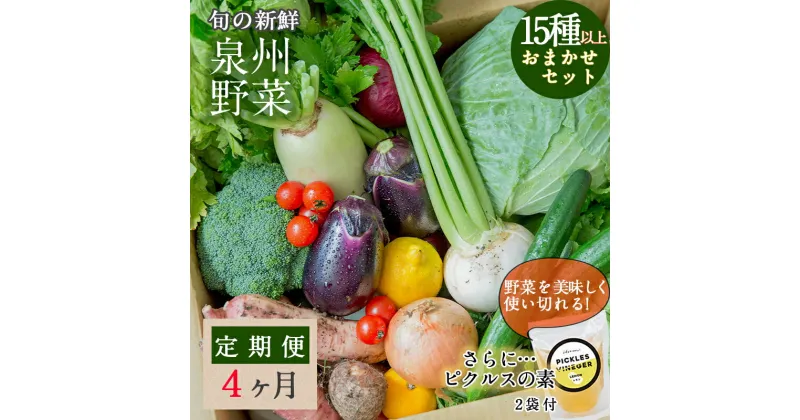 【ふるさと納税】旬の新鮮 野菜セット 15種以上 定期便 全4回 おまかせ ピクルスの素付き ファミリー向け 泉州野菜 旬の野菜 詰め合わせ おやつ おつまみ 毎月発送 お取り寄せ お取り寄せグルメ 大阪府 泉佐野市 送料無料 いずみピクルス NSW